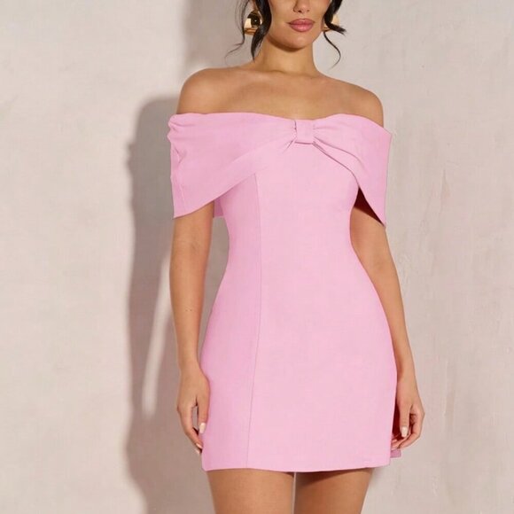 Pink Elegant Women's Off Shoulder Bowknot Cocktail Mini Dress - Picture 1 of 7
